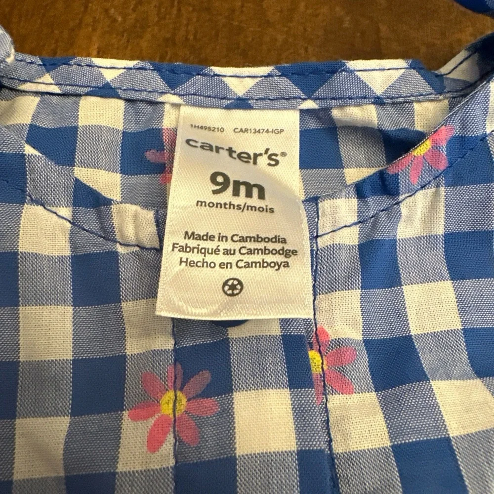 NWT Carter's Gingham Baby Girl Romper Infant Blue 9M Floral Easter‎ Party Garden